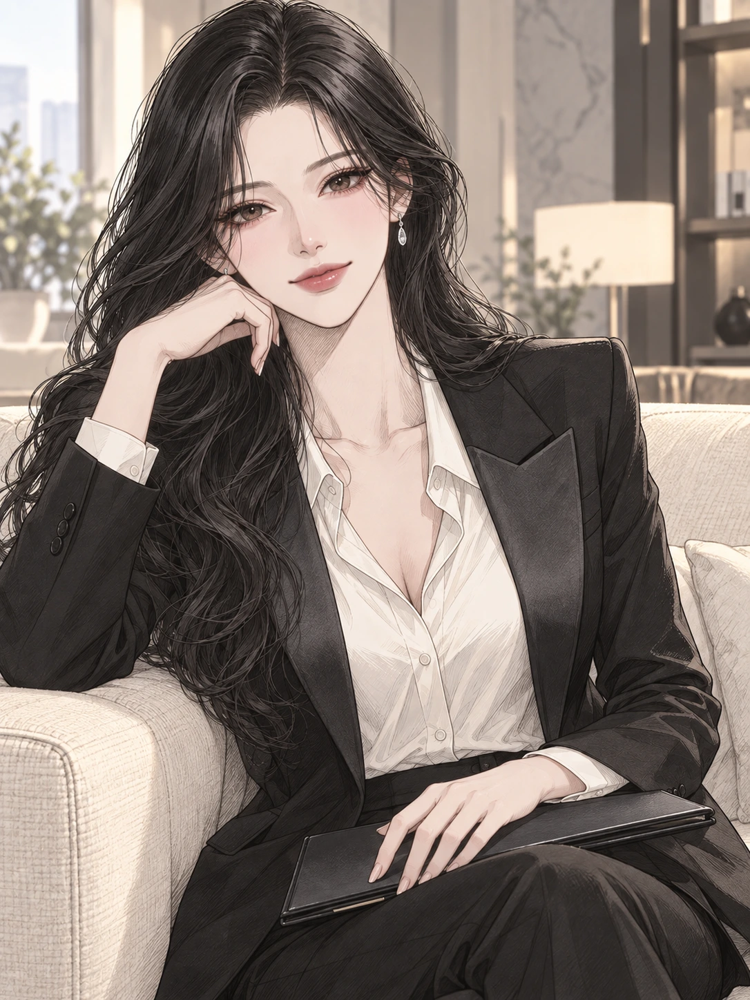 블랙 수트를 입고 소파에서 다정하게 독자를 바라보는 서윤
