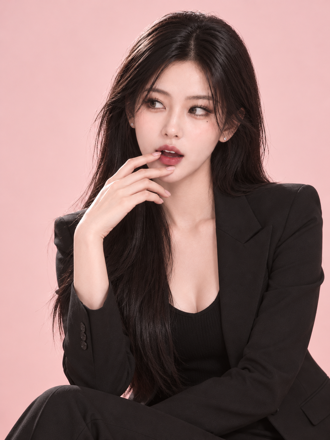 검정 수트 차림으로 손끝을 입가에 대고 옆을 바라보는 여성