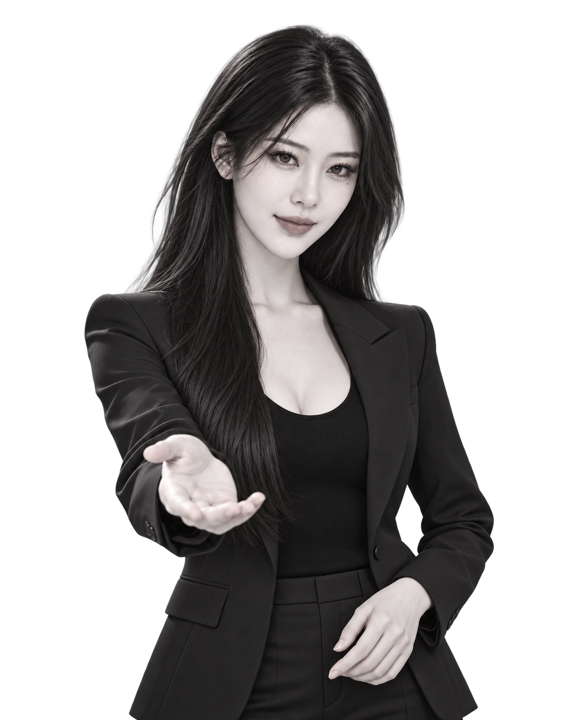캐릭터보드의 검정 수트 차림으로 한 손을 내미는 긴 머리 여성