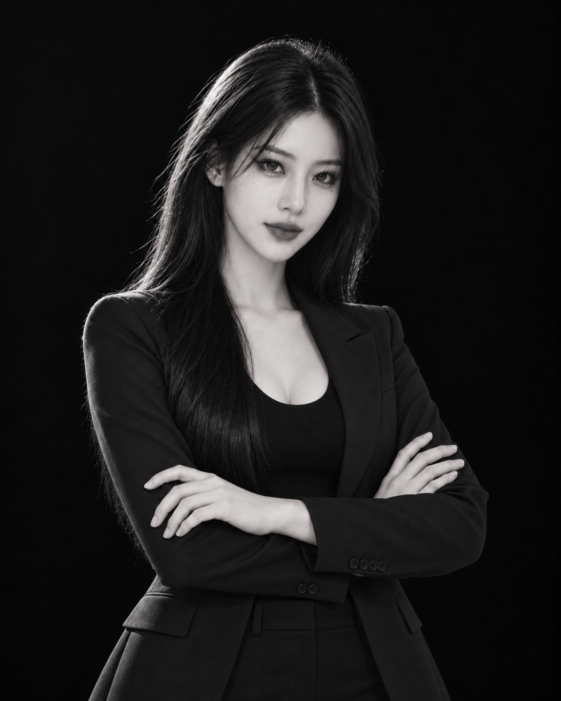캐릭터보드의 검정 수트 차림으로 서서 팔짱을 끼고 정면을 바라보는 긴 머리 여성