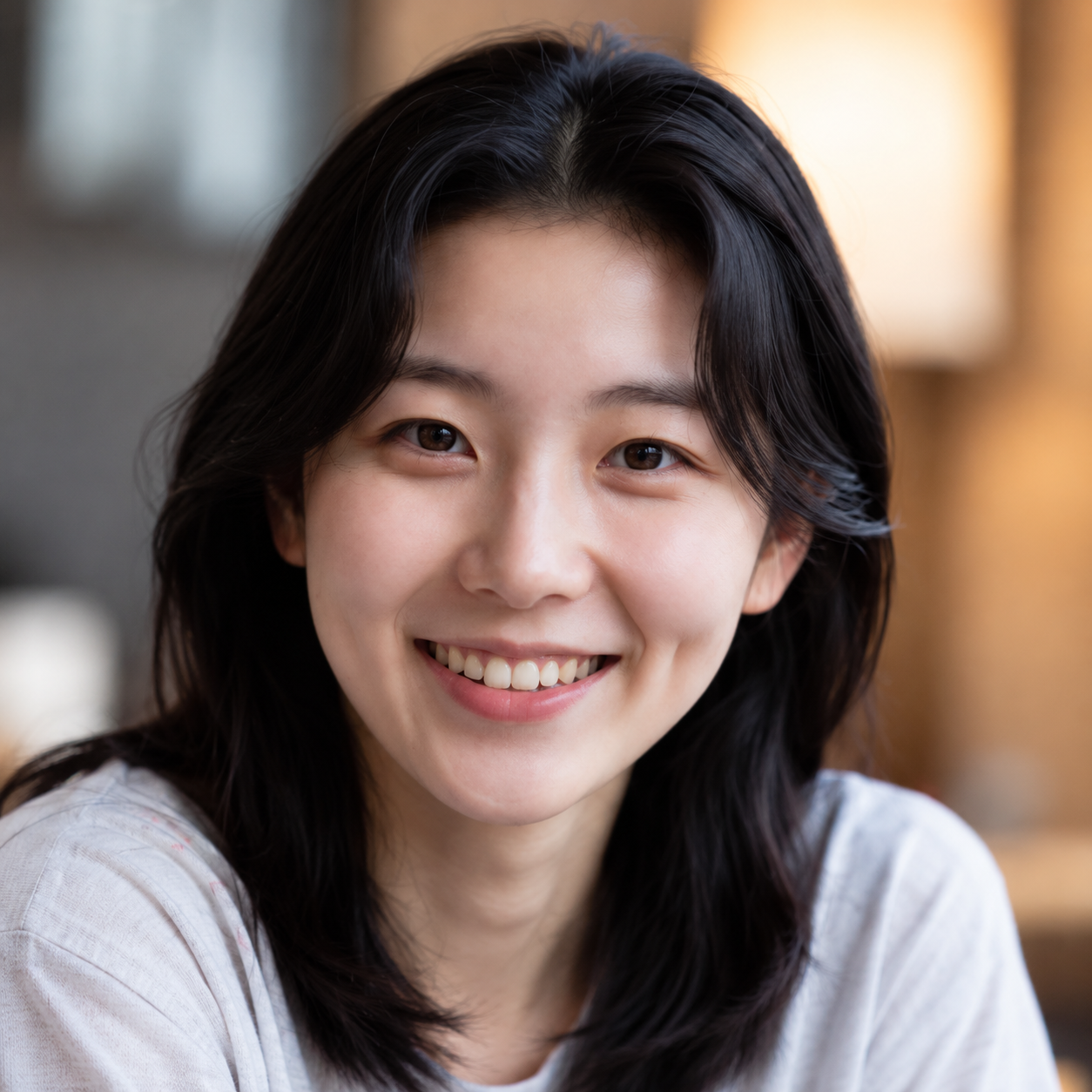 환하게 웃는 같은 여성의 컬러 사진
