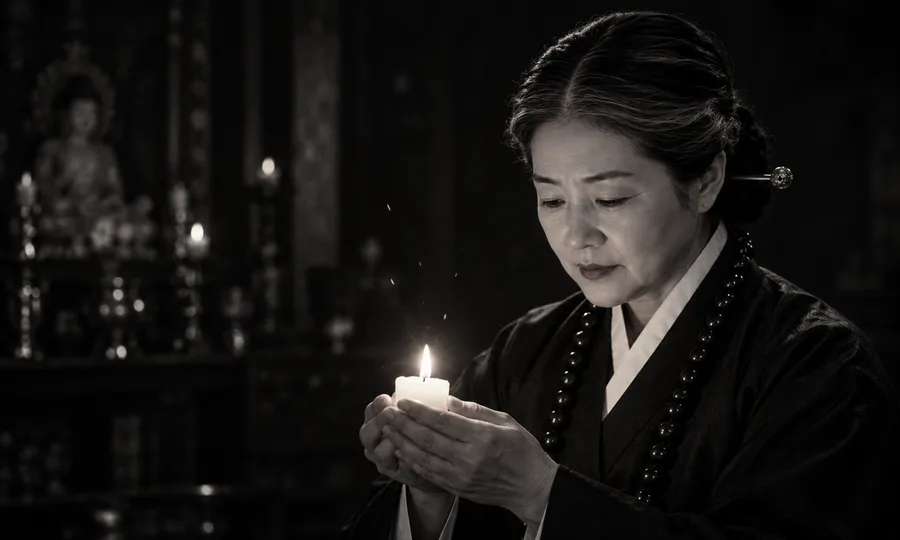 어두운 신당에서 두 손에 촛불을 받쳐 들고 불꽃을 내려다보는 벼락할매 (흑백)