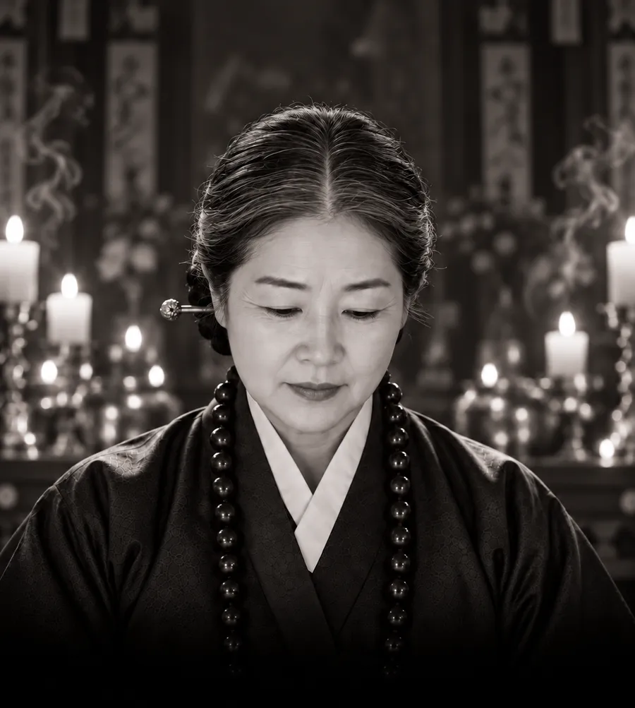 쪽진 머리로 정면에서 진지하게 아래를 내려다보는 벼락할매 (흑백)