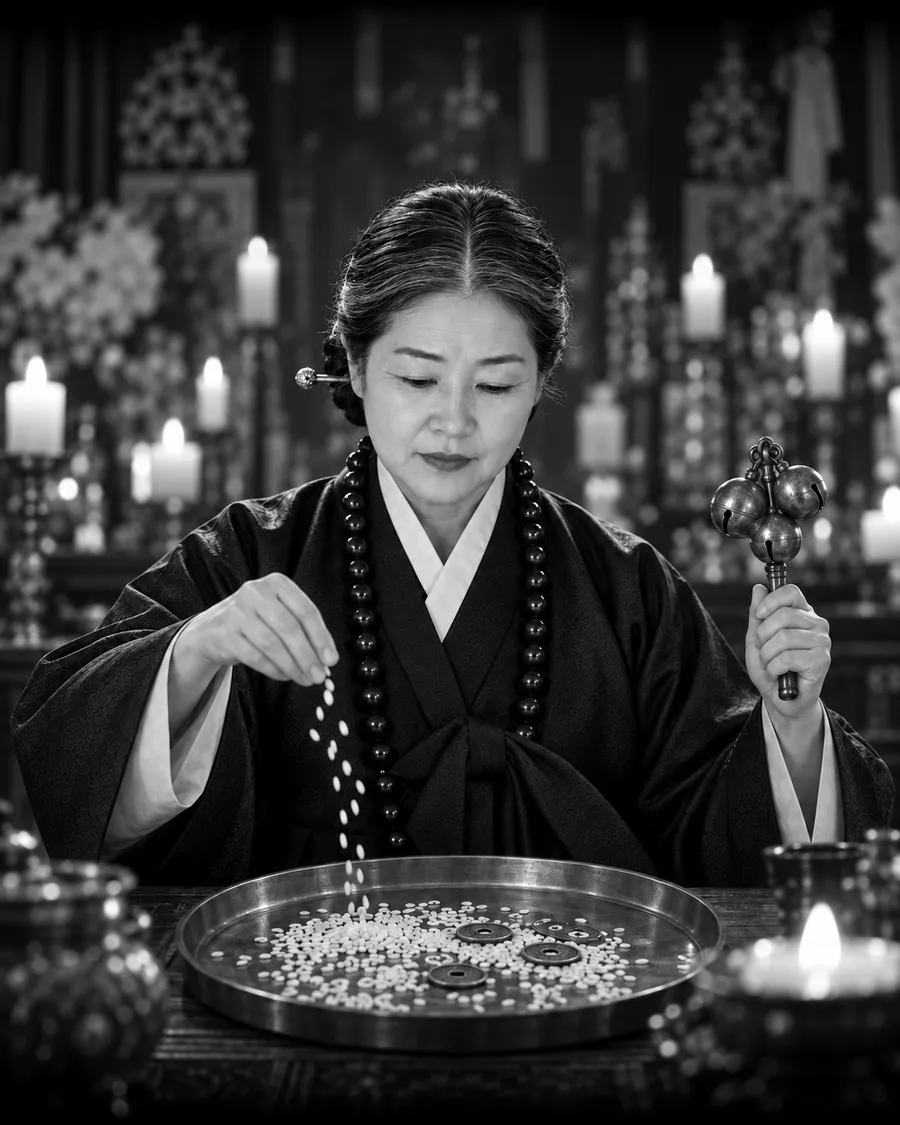 놋쟁반에 쌀을 흩뿌리며 방울을 들고 돈복을 점치는 벼락할매 (흑백)