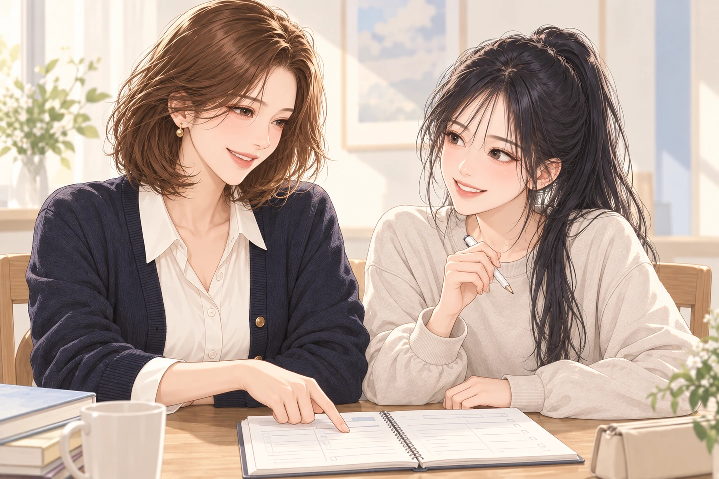 공부 계획을 함께 살펴보는 모녀
